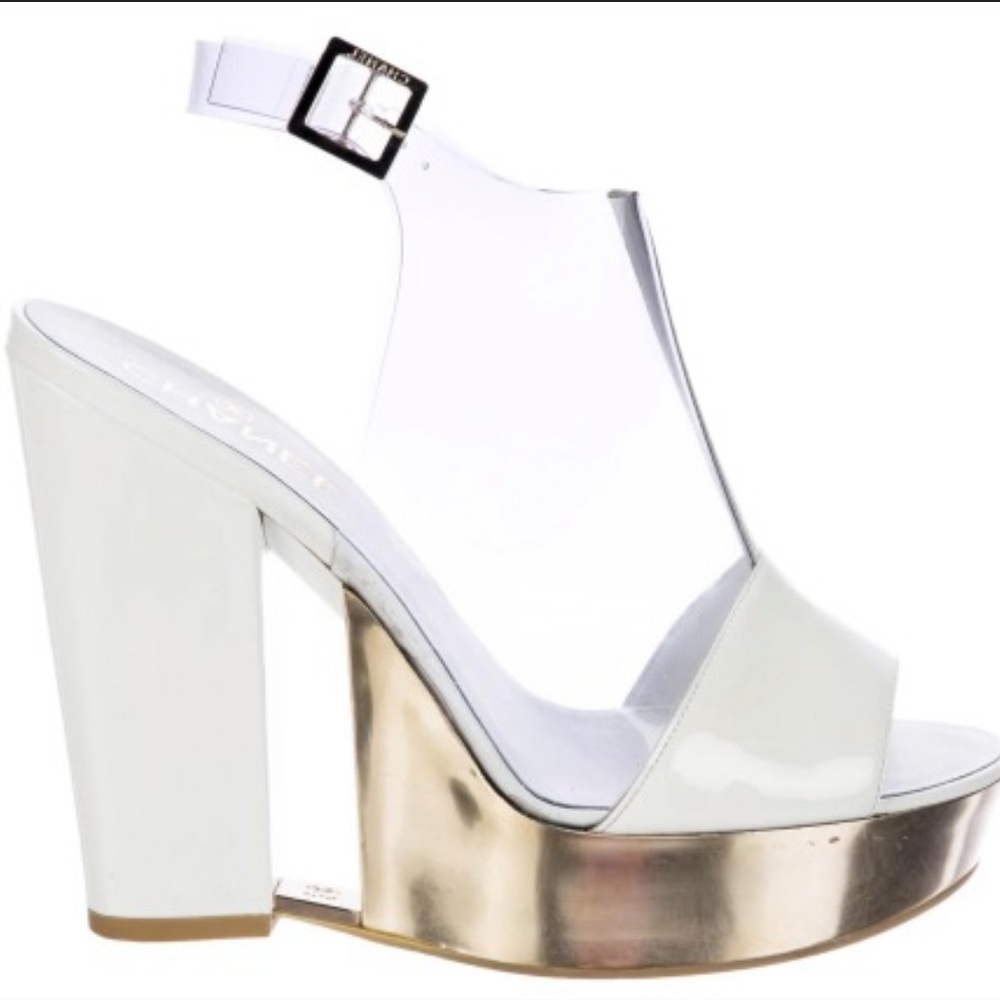 Chanel Transparent Gold and White Patent Platform Sandals. Size 36